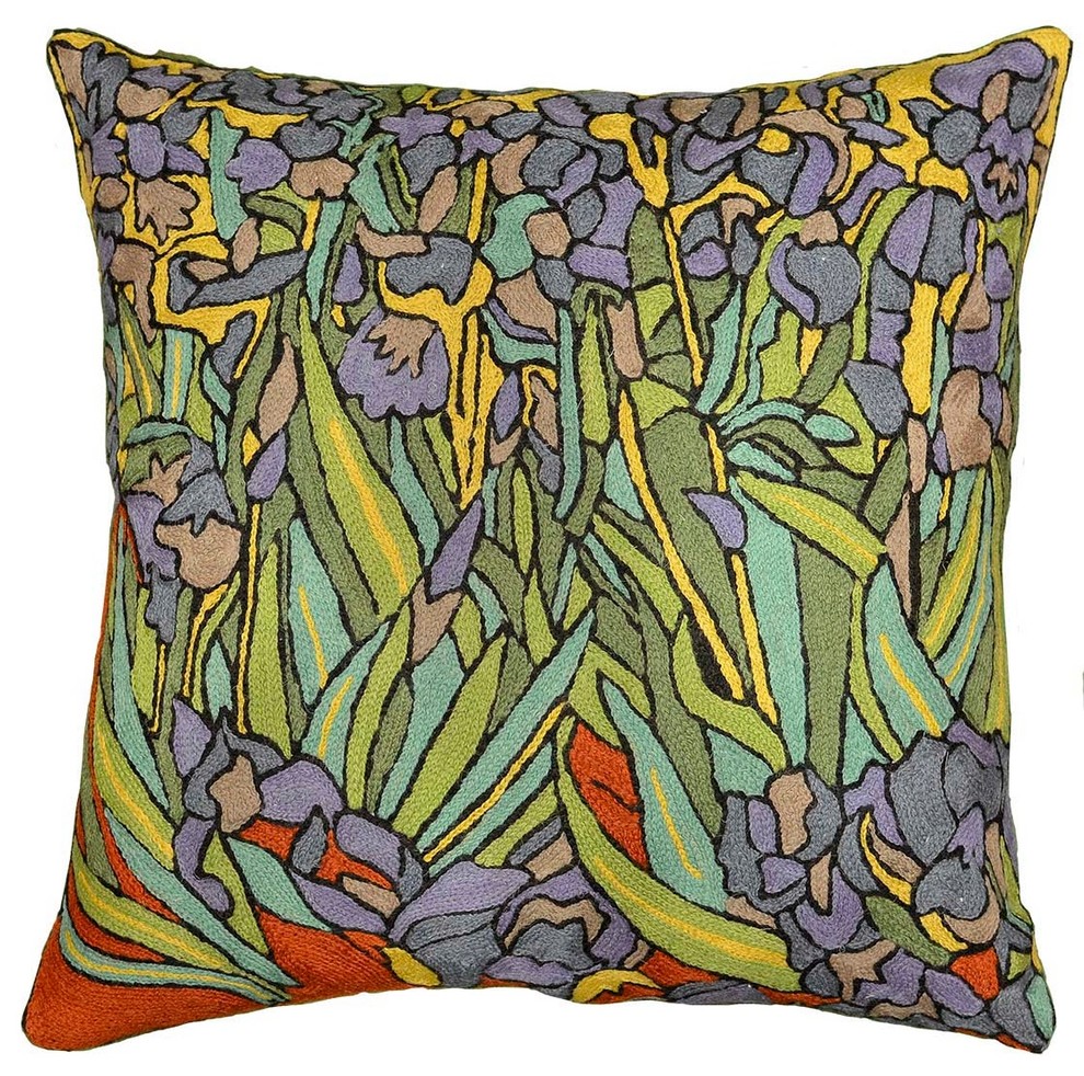 Irises Pillow Cover Van Gogh Accent Throw Pillowcase Hand Embroidered Wool 18x18