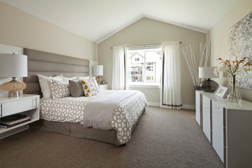Transitional master bedroom in Vancouver with grey walls, carpet, no fireplace and brown floor.