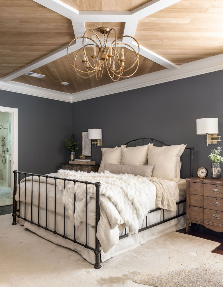 This is an example of a mid-sized traditional master bedroom in Houston with wood, grey walls, dark hardwood floors and brown floor.
