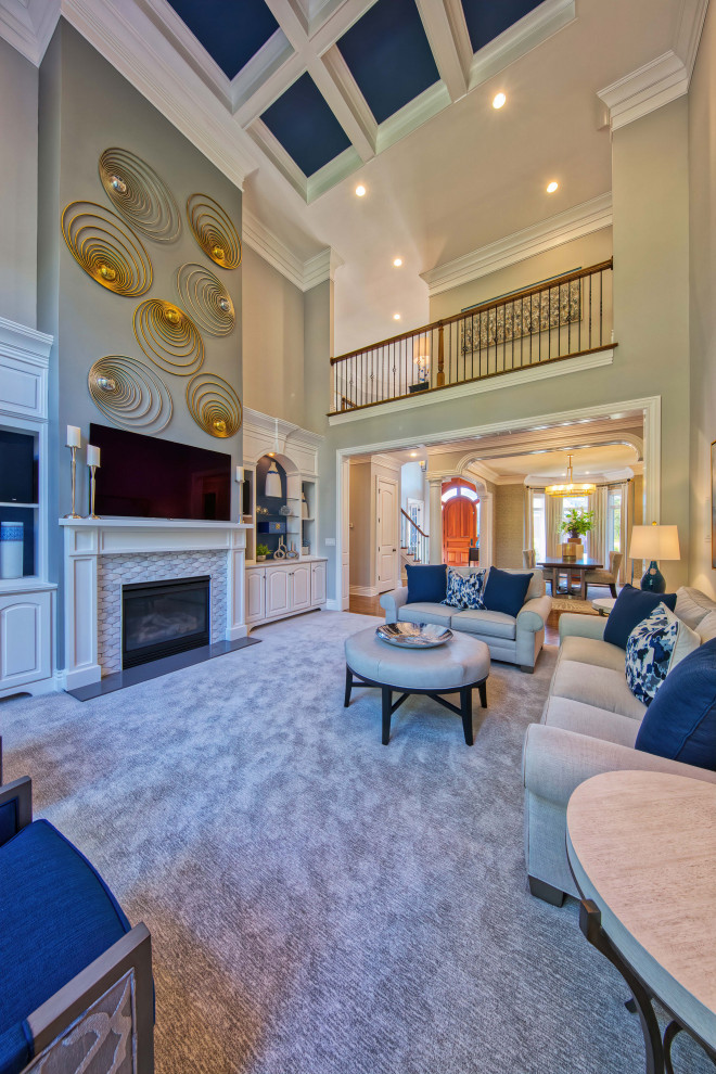 Inspiration for a large traditional formal open concept living room in Louisville with carpet, a standard fireplace, a tile fireplace surround, a wall-mounted tv and grey floor.