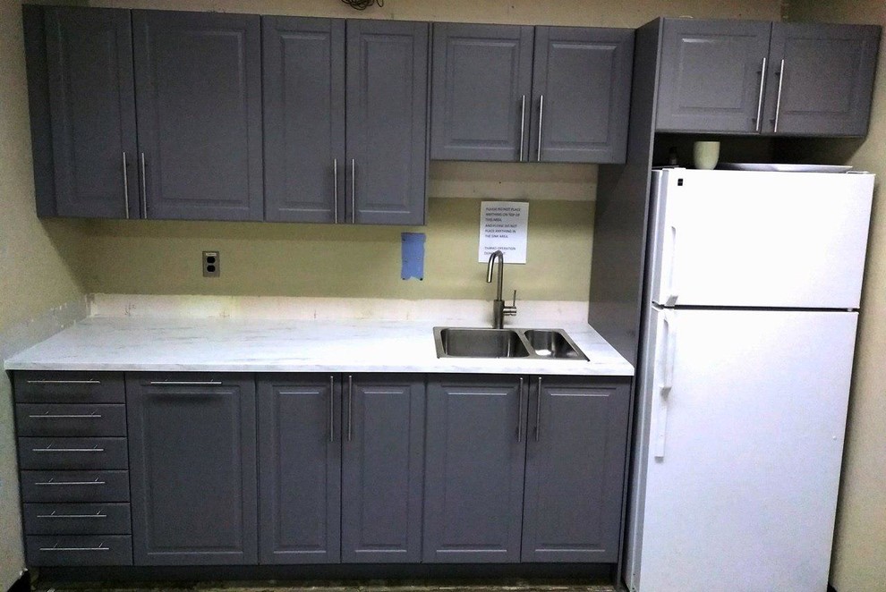 Single wall kitchen 10' with IKEA laminate countertop. Bodbyn grey