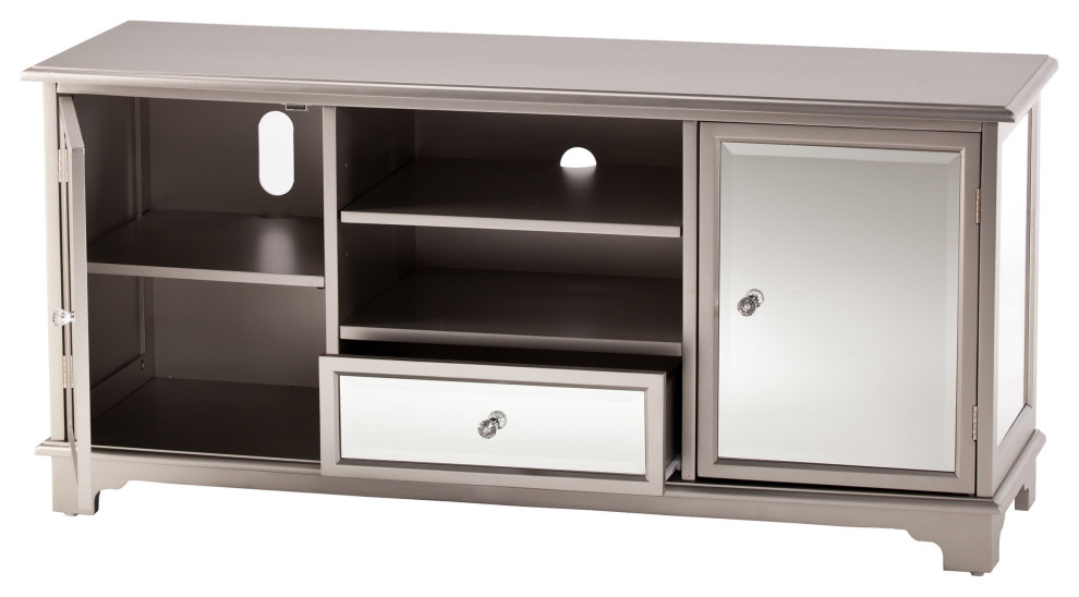 Contemporary TV Stand, Beveled Mirror Accents With Crystal Knobs, Silver Finish