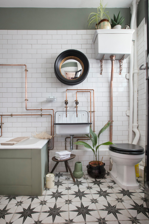Timeless Classic: Industrial Bathroom Backsplash with White Subway Tiles and Pipes