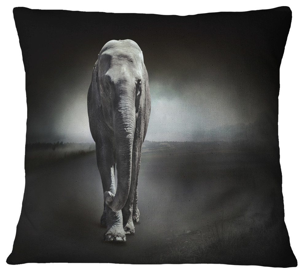 Large Elephant On Black Animal Throw Pillow, 18"x18"