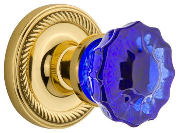 Rope Rosette Privacy Crystal Cobalt Glass Knob, Unlaquered Brass