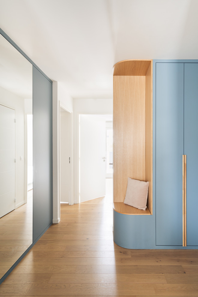 Modelo de distribuidor escandinavo de tamaño medio con paredes azules, suelo de madera clara, puerta simple y puerta blanca