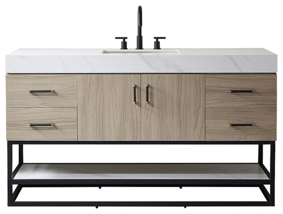 Toledo 60" Single Sink Bathroom Vanity Light Walnut White Integral Top