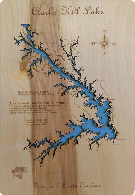 Clarks Hill Lake, Georgia/South Carolina-Wood Lake Map - Rustic - Wall  Accents - by PhD's | Houzz