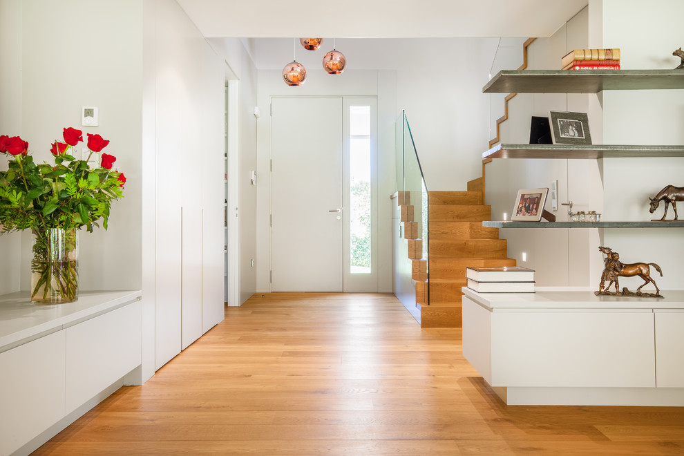 Photo of a mid-sized contemporary foyer in Madrid with white walls, medium hardwood floors, a single front door and a white front door.