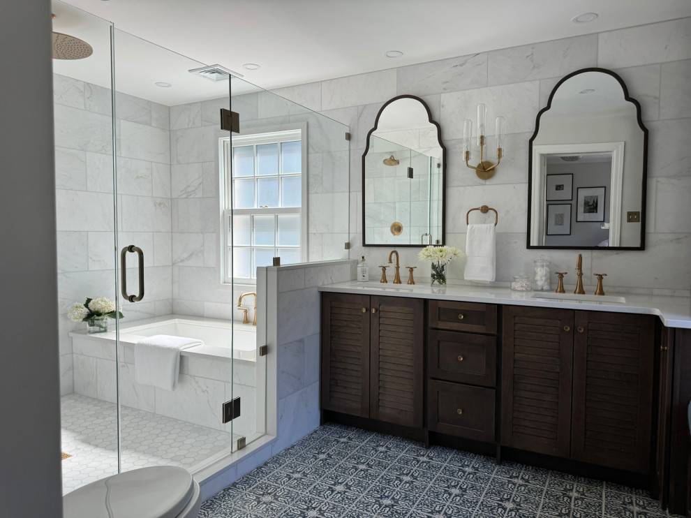 Wet room - transitional gray tile blue floor and double-sink wet room idea in Philadelphia with louvered cabinets, dark wood cabinets, an undermount tub, an undermount sink, a hinged shower door, white countertops and a built-in vanity