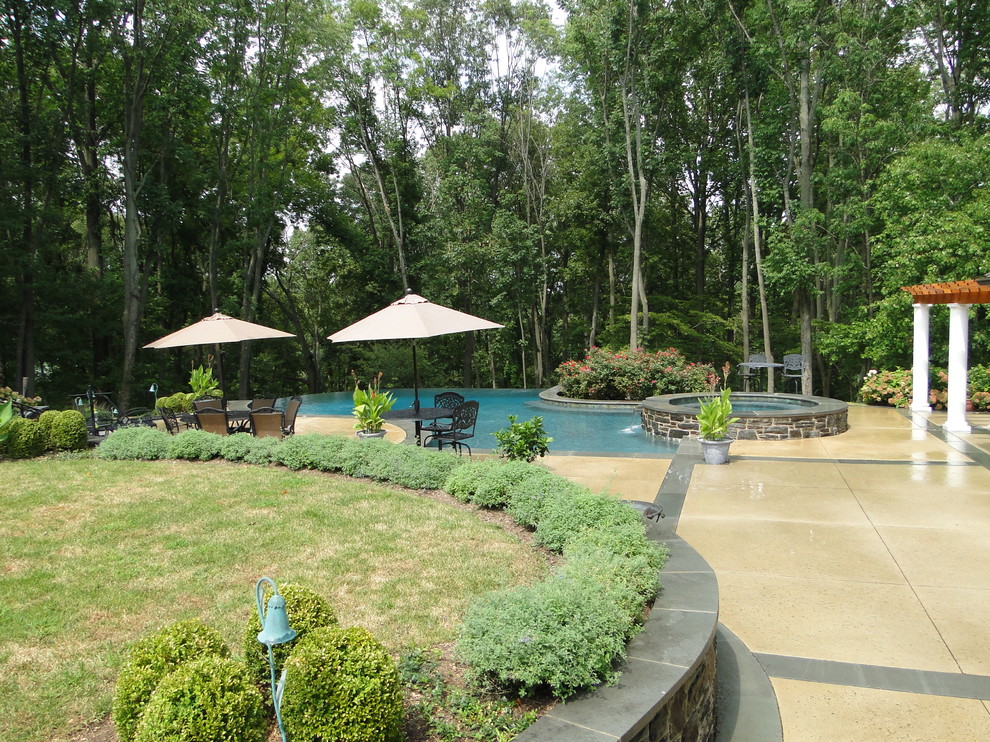 Large contemporary backyard custom-shaped infinity pool in Philadelphia with a water feature and concrete slab.