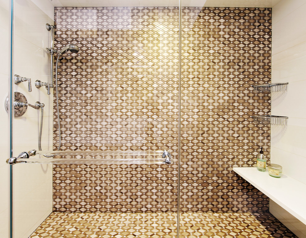 This is an example of a large transitional bathroom in New York with brown tile and an alcove shower.