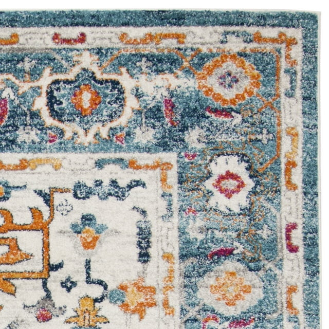 Turquoise Mediterranean Rug Transitional Floral Bordered Area Rug, Turquoise/Ivory Polypropylene ...