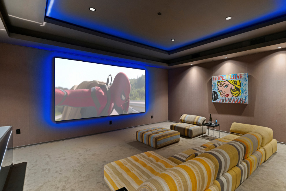 Inspiration for a contemporary home cinema in Orange County.