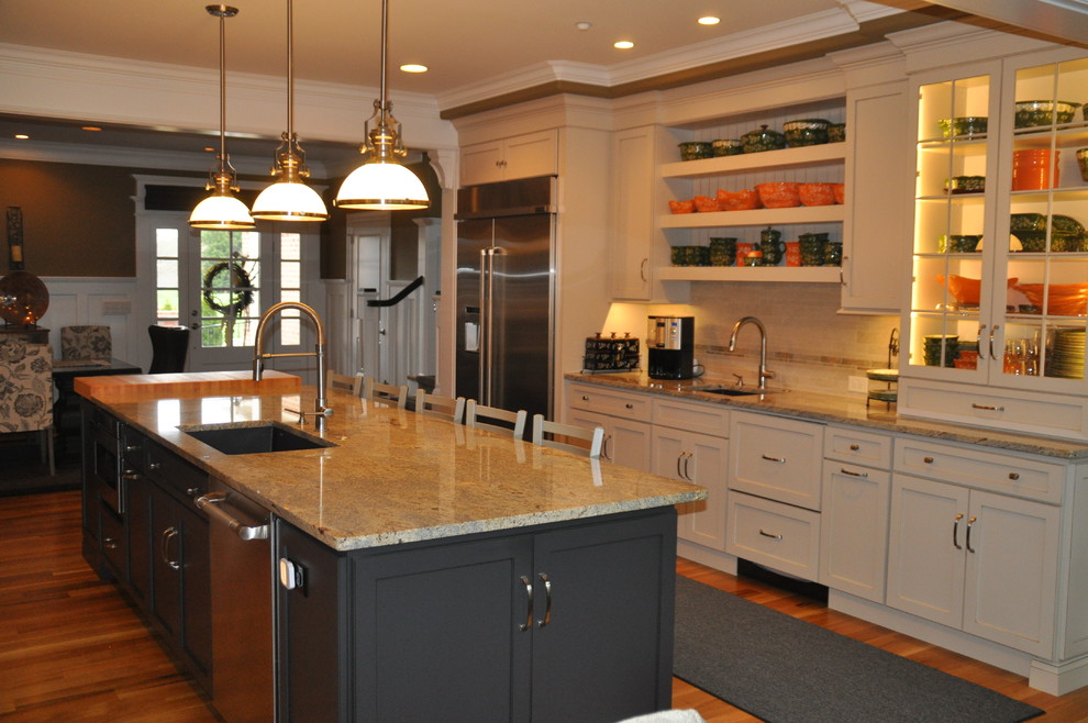 Large transitional light wood floor eat-in kitchen photo in Baltimore with an undermount sink, flat-panel cabinets, gray cabinets, granite countertops, gray backsplash, stainless steel appliances, an island and multicolored countertops