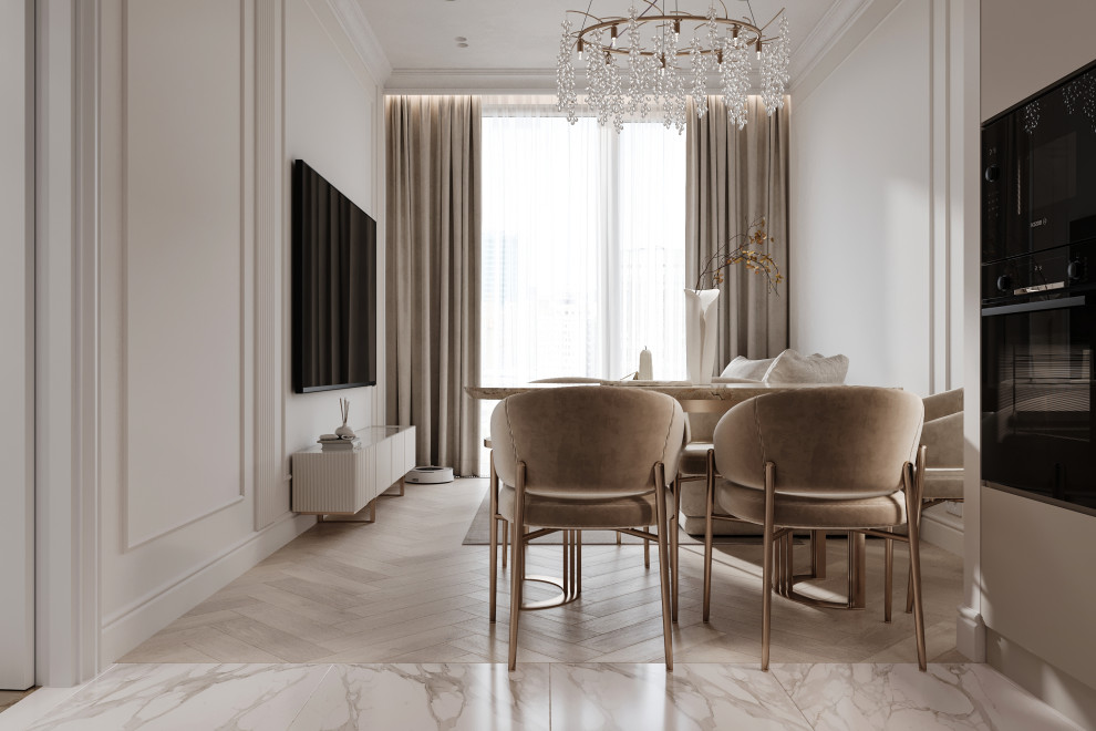 Интерьер бежевое кухни-гостиной 21м2