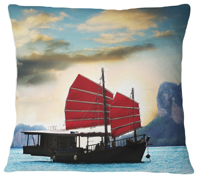 Large Chinese Sailing Ship Seashore Throw Pillow Beach Style