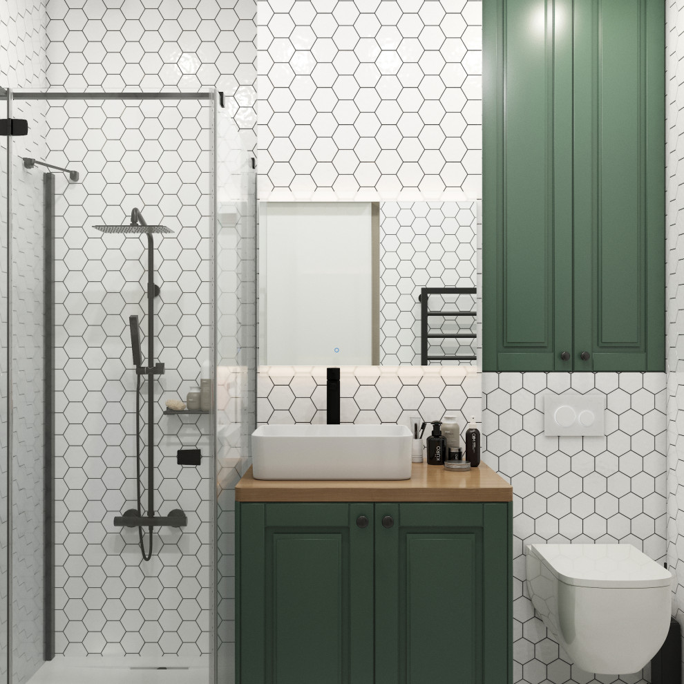 Ванная комната. Душевая кабина,унитаз, под раковиной стиральная машина