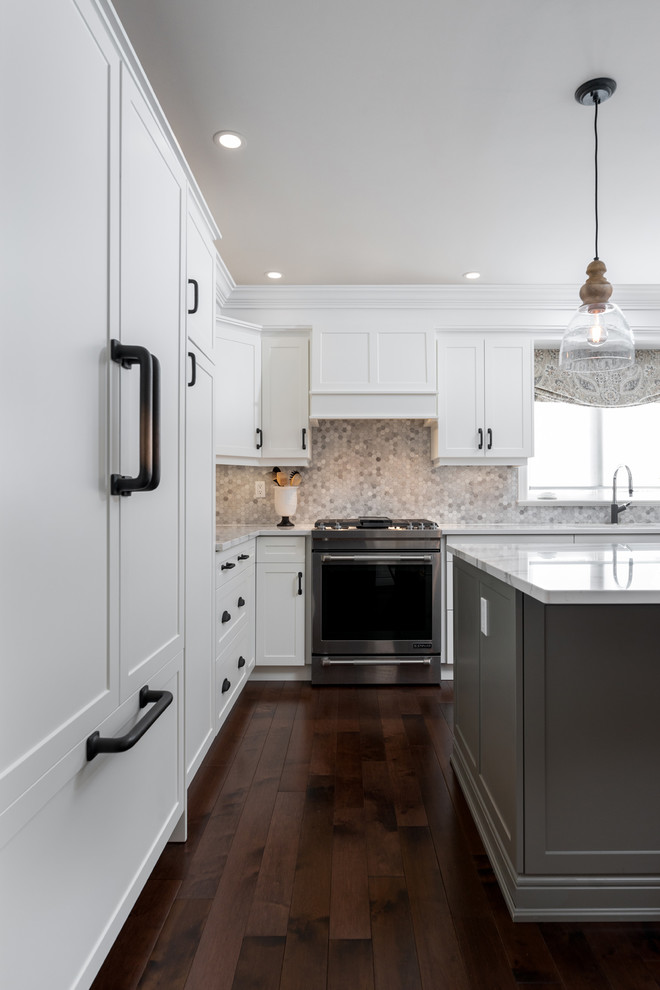 Kitchen - transitional dark wood floor and brown floor kitchen idea with white cabinets, quartz countertops, paneled appliances, an island and white countertops