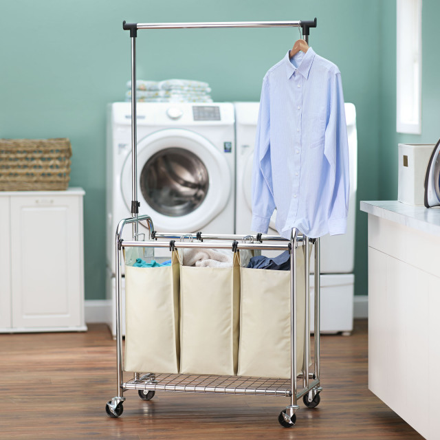 3-Bag Laundry Sorter With Clothes Rack - Contemporary - Hampers - by ...