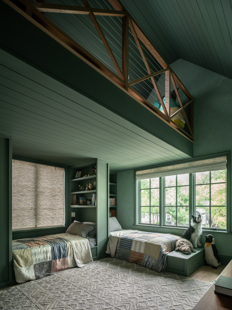 Kids' room - farmhouse gender-neutral medium tone wood floor, brown floor, shiplap ceiling and vaulted ceiling kids' room idea in Austin with green walls