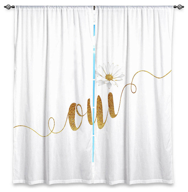 Oui Daisy Gold White Window Curtains, 80"x52", Lined