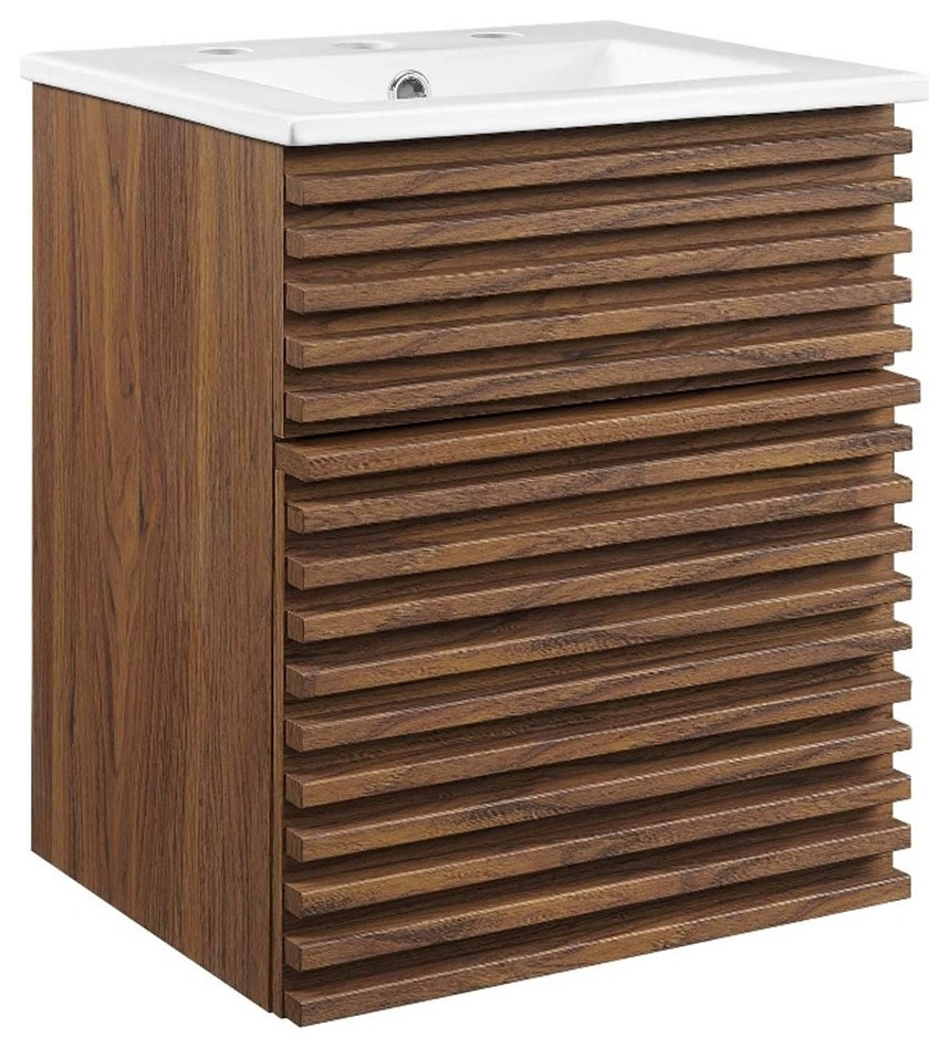 Modway Render 18" Modern Wood WallMount Bathroom Vanity in Walnut