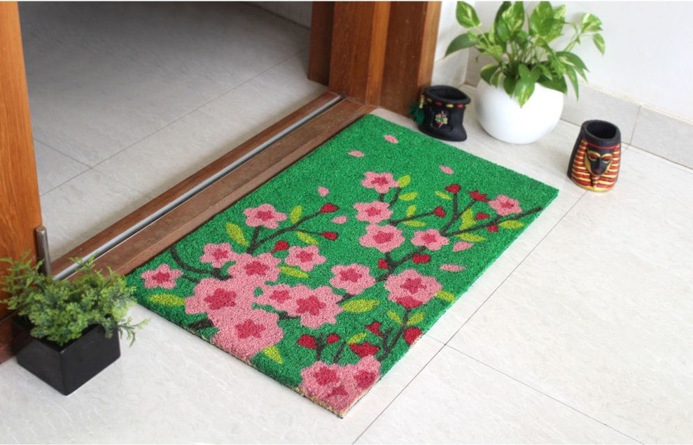 Green Machine Tufted Pink Floral Tree Coir Doormat, 18"x30", 18"x30