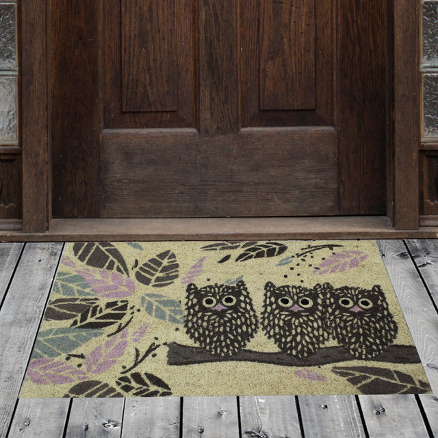 Natural Geo Island Staring Owls Yellow/Brown Coir Doormat, 18"x30", 18