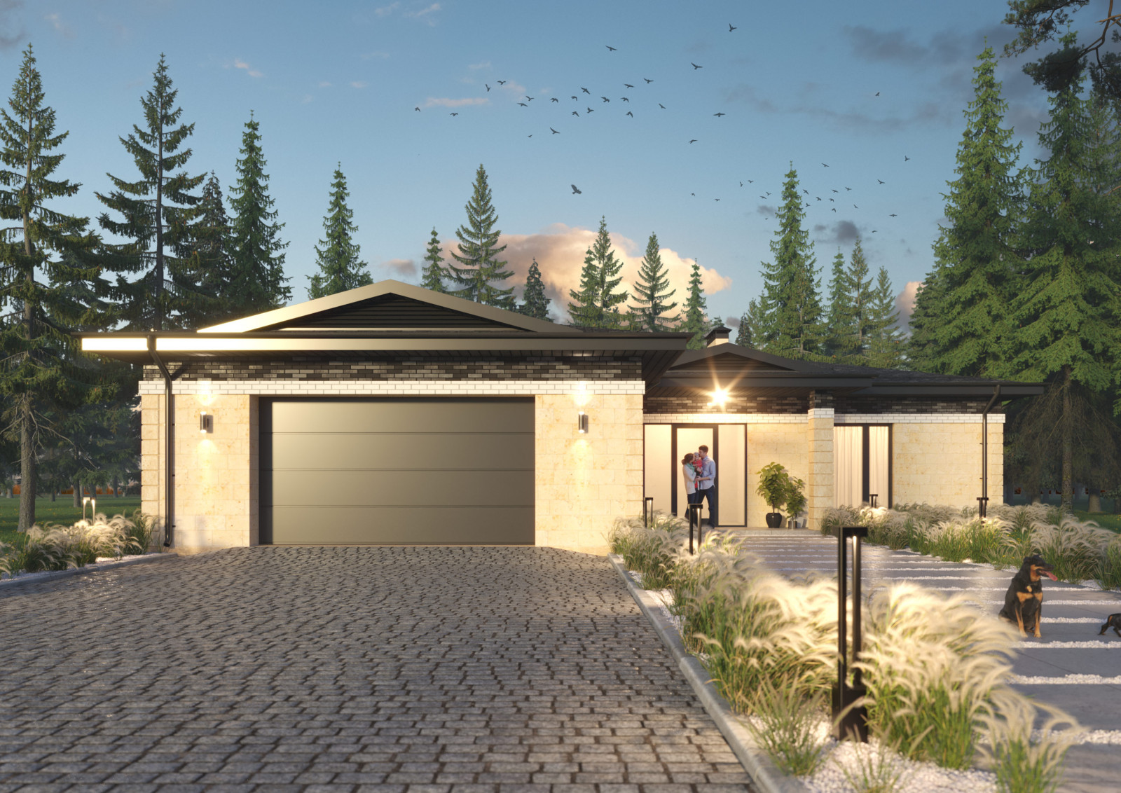 Проект 1-этажного 5-комнатного жилого дома в стиле Райта