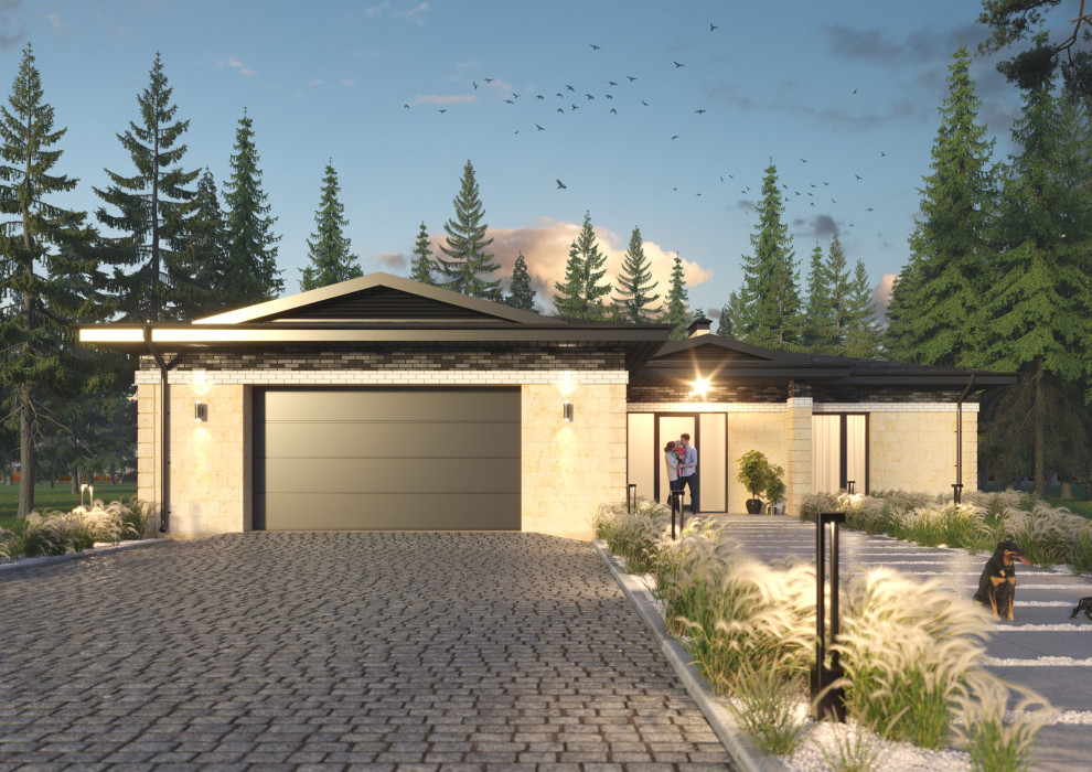 Проект 1-этажного 5-комнатного жилого дома в стиле Райта