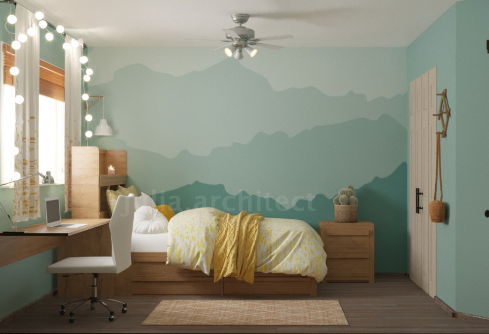 Пример оригинального дизайна: детская среднего размера в стиле рустика с спальным местом, зелеными стенами, паркетным полом среднего тона, коричневым полом и обоями на стенах для ребенка от 4 до 10 лет, девочки