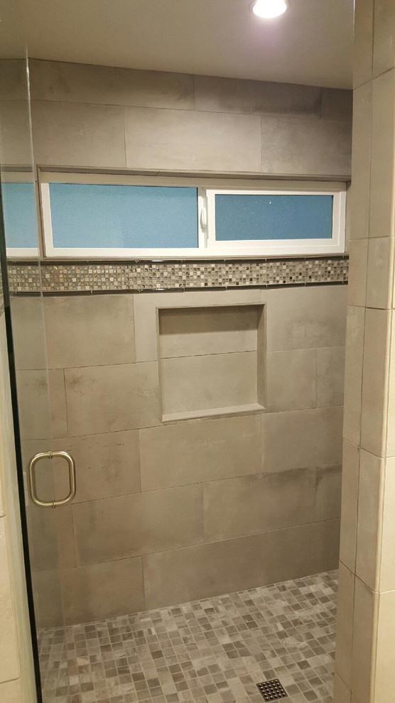 Inspiration for a large transitional master bathroom in Los Angeles with an alcove shower, gray tile and mosaic tile.