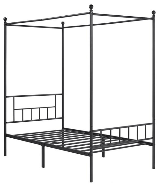 Classic Canopy Bed, Black Finished Metal Frame & Top Ball Finials Details Traditional Canopy