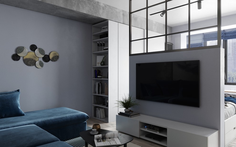 Зона спальни и гостиной находятся в одном помещении, но разделены пропускающей с