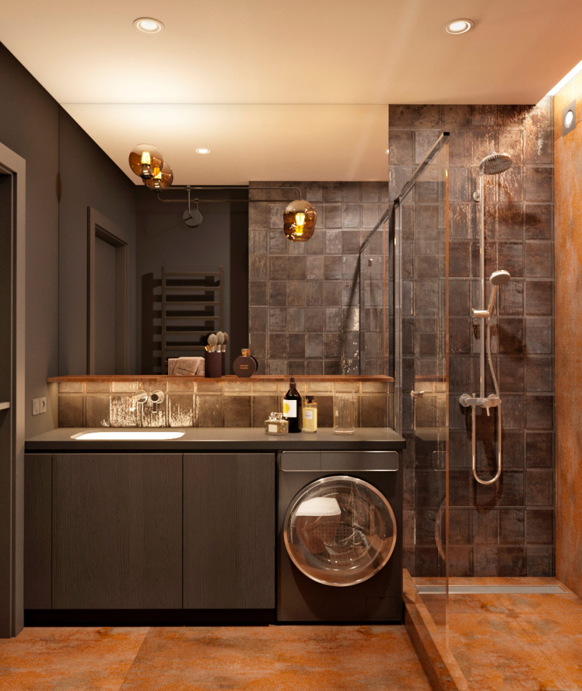 Inspiration for a mid-sized contemporary 3/4 bathroom in Other with flat-panel cabinets, black cabinets, an alcove shower, black tile, gray tile, black walls, porcelain floors, an undermount sink, orange floor and black benchtops.
