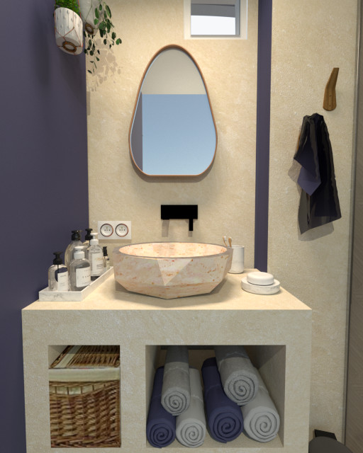 Exemple d'un petit WC suspendu exotique avec un placard sans porte, des portes de placard beiges, un carrelage beige, des carreaux de béton, un mur beige, un sol en travertin, une grande vasque, un sol beige et un plan de toilette beige.