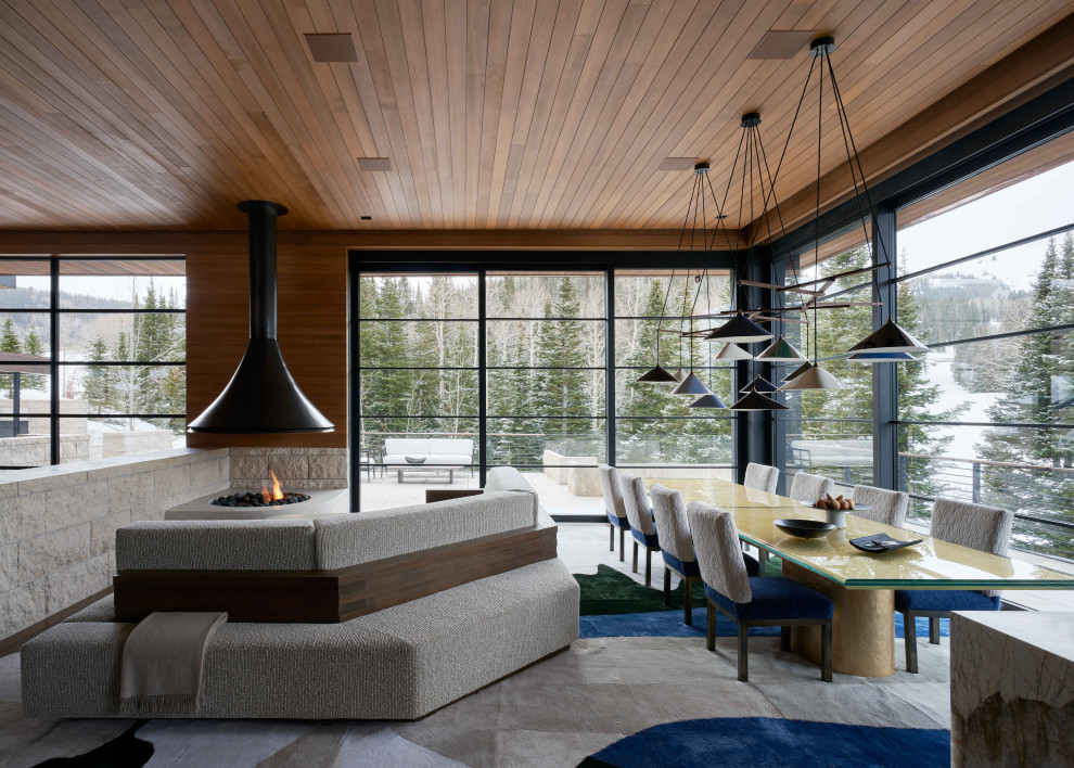 На фото: огромная кухня-столовая в стиле модернизм с коричневыми стенами, ковровым покрытием, подвесным камином, фасадом камина из камня, разноцветным полом, деревянным потолком и деревянными стенами