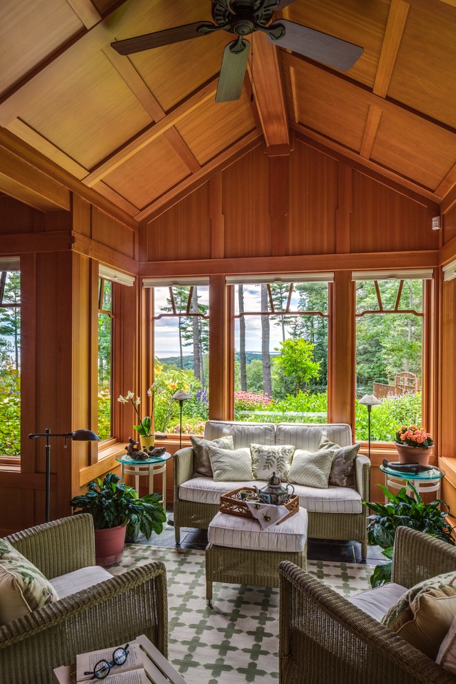Photo of a mid-sized arts and crafts sunroom in Portland Maine with ceramic floors, no fireplace, a standard ceiling and white floor.