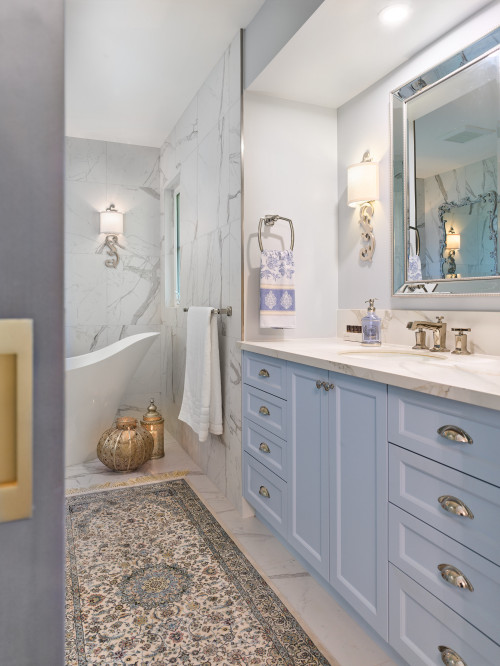 Soft Sophistication: Blue French Country Bathroom Vanity Ideas with White Marble Countertops