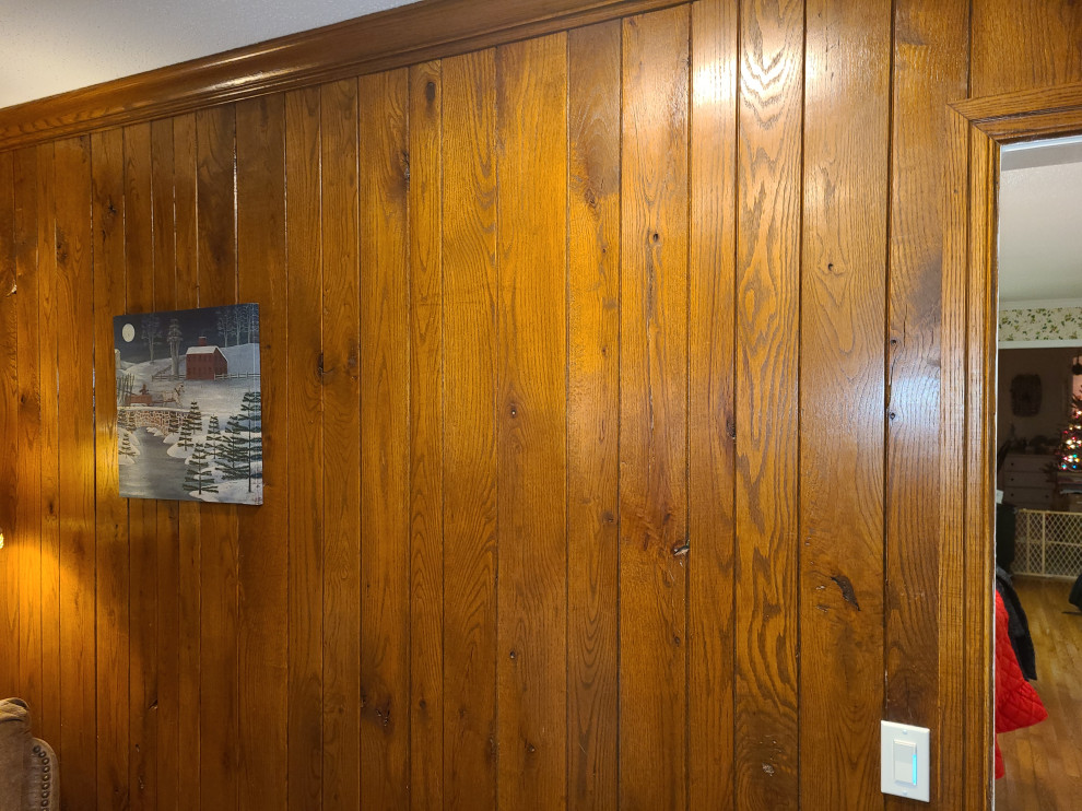 Change stain color on oak tongue and groove board on walls