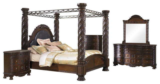 Ashley North Shore 5 Piece Bedroom Set Poster Canopy Chest Brown