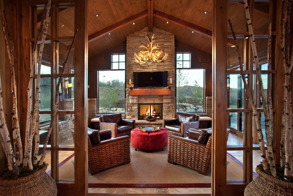 Country verandah in Salt Lake City with a fire feature and a roof extension.