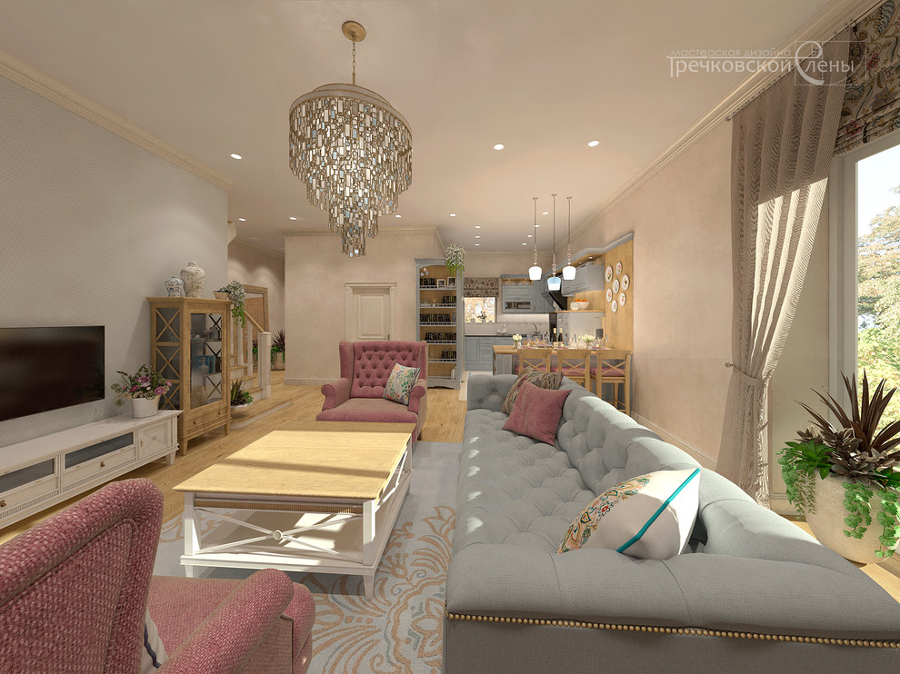 Интерьер кухни-гостиной в загородном доме. Дедёшино