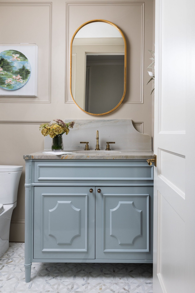 Example of a transitional marble floor powder room design in Dallas