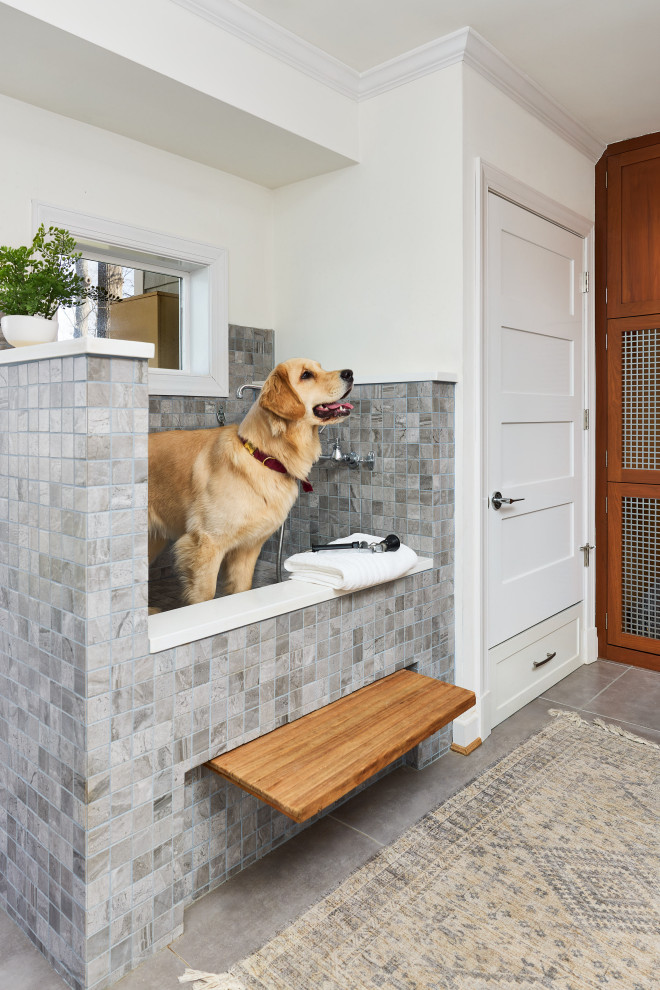 Mid-sized elegant gray floor laundry room photo in DC Metro with white walls