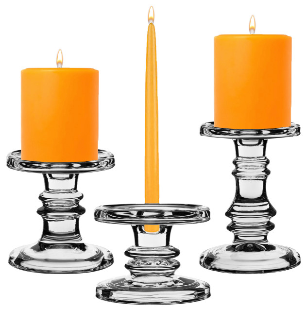 Set of 3 Vintage Stem Glass Pillar Taper Candle Holders. H-3.5", 4.5" and 6.5", 4 Sets