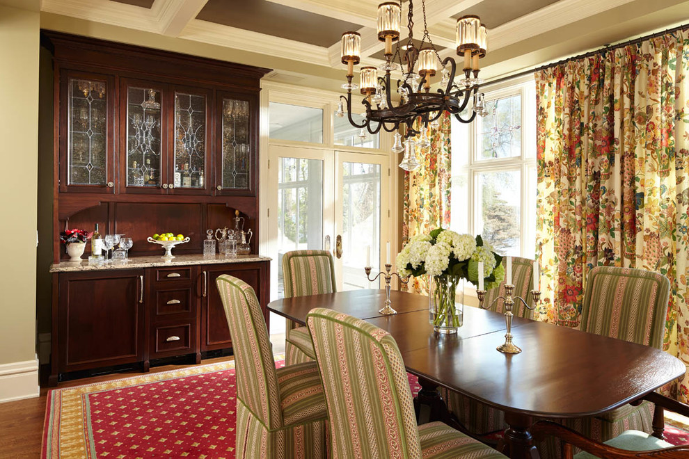 Design ideas for a large traditional kitchen/dining combo in Minneapolis with green walls and dark hardwood floors.
