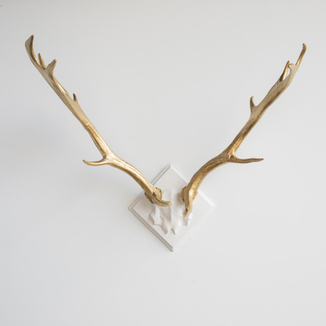 Faux Large Deer Antlers Wall Decor, White and Gold Contemporary