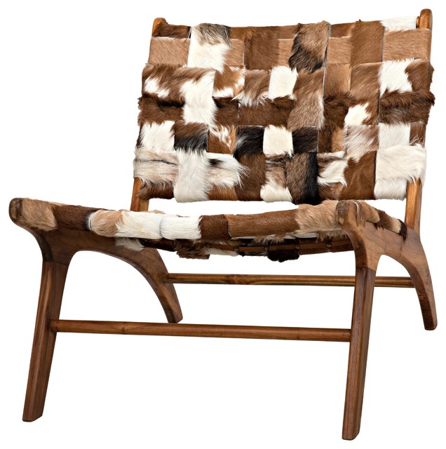 25 Occasional Chair Brown Teak Wood Frame White Cowhide Leather